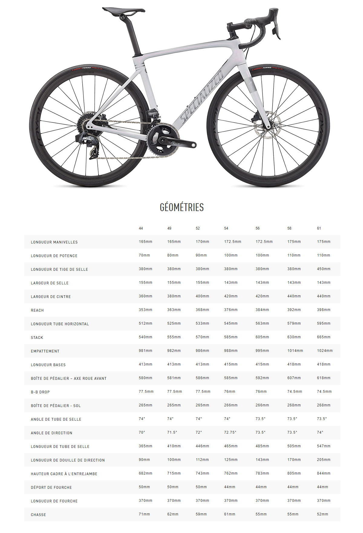 Guide de taille du vélo électrique Roubaix SL8 Expert année 2024